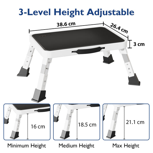 BONTEC Folding Step Stool, Metal Step Ladder up to 150kg, Non-Slip Platform for Adults & Children, Lightweight & Foldable, Portable Step for Kitchen, Bathroom, RV, Camping, Office, Living Room, White