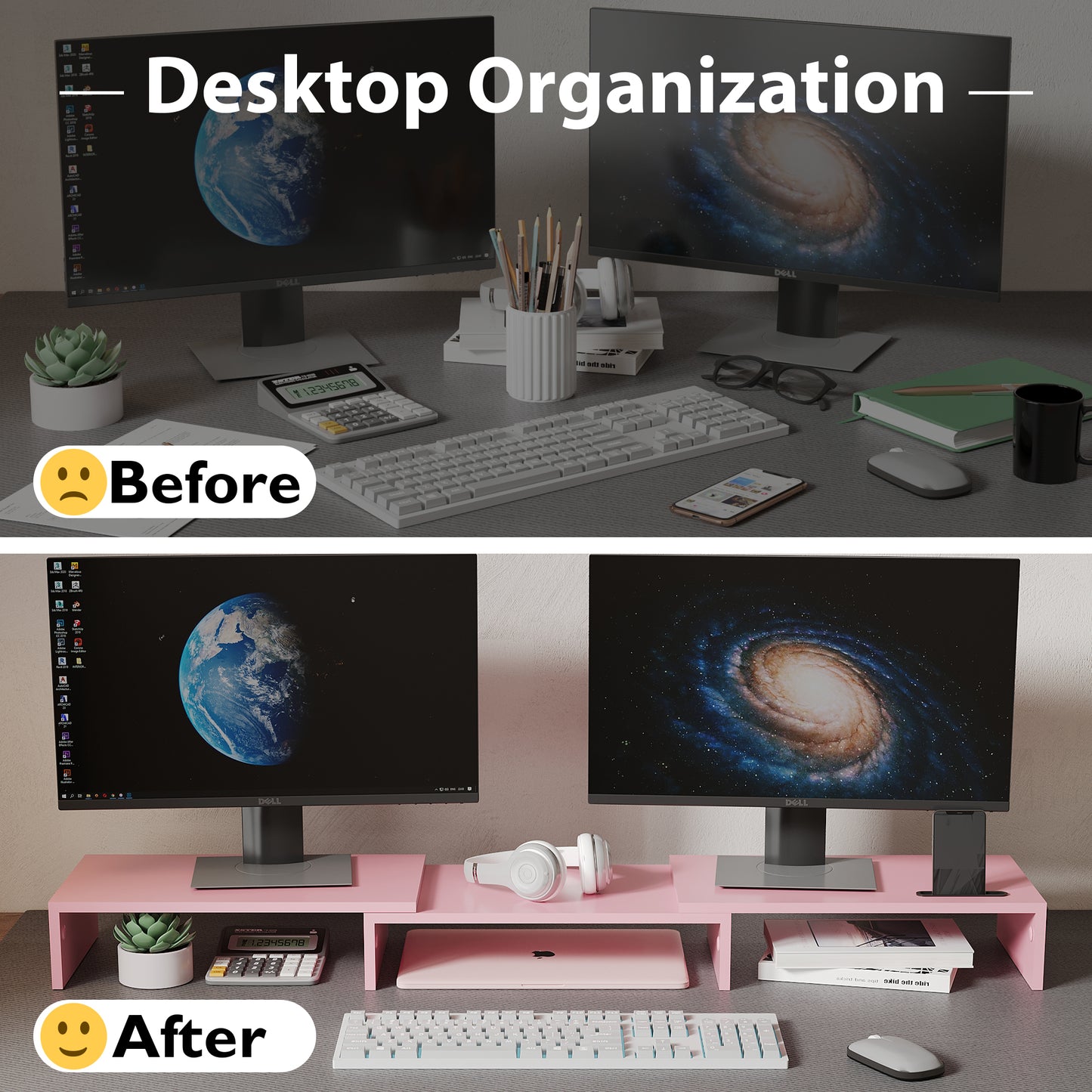 BONTEC Dual Monitor Stand Riser, Adjustable Length & Angle, Ergonomic Desk Organizer with Smartphone Holder, Extra Storage & Cable Management, Wooden Monitor Riser for Laptop, Printer & Monitor