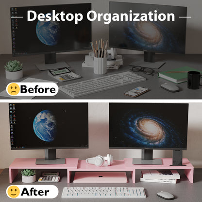 BONTEC Dual Monitor Stand Riser, Adjustable Length & Angle, Ergonomic Desk Organizer with Smartphone Holder, Extra Storage & Cable Management, Wooden Monitor Riser for Laptop, Printer & Monitor