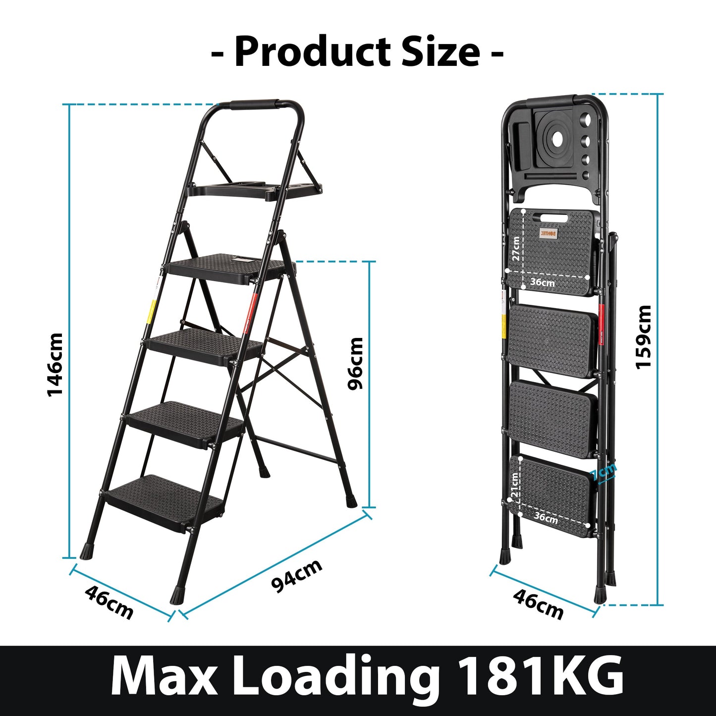 BONTEC 4 Step Ladder with Wide Anti-Slip Pedals, Folding Step Stool Capacity 181KG, Sponge Handrail, Strong and Solid Portable Ladder Suitable for Home, Kitchen, Pantry, Indoor/Outdoor Use, Black