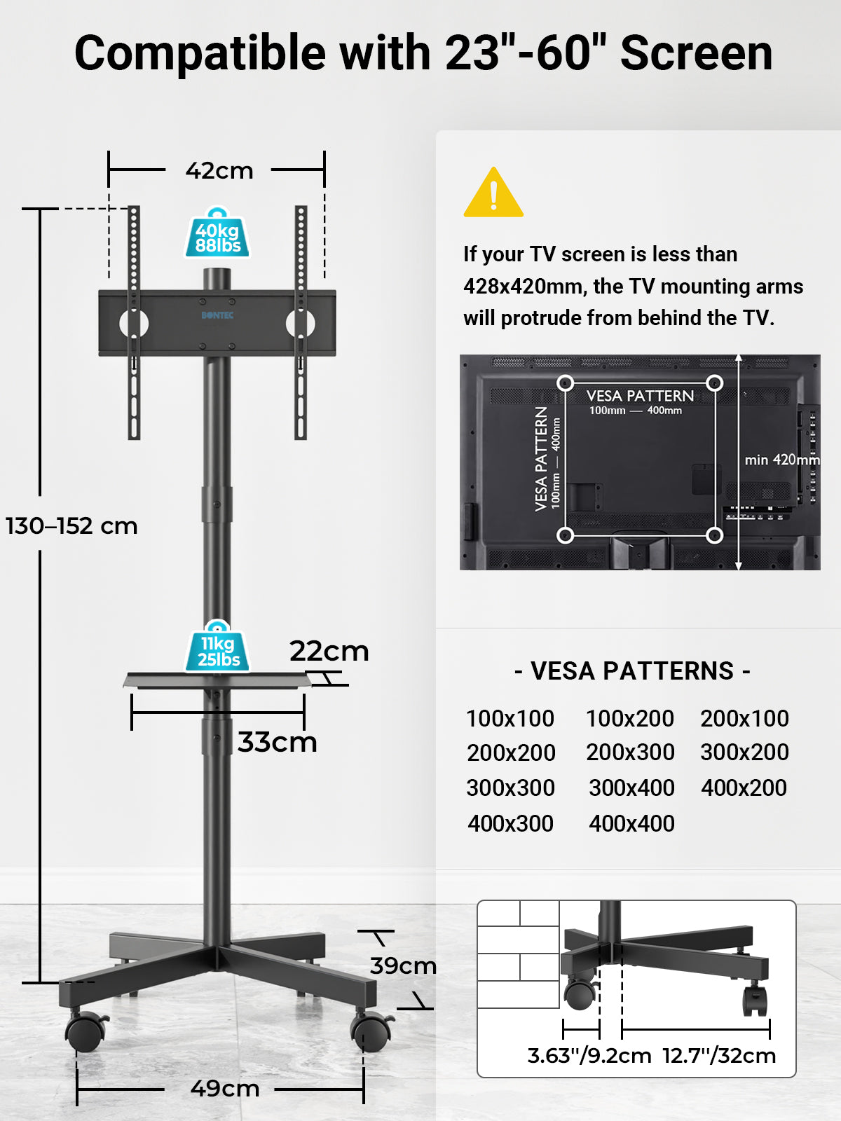 BONTEC Mobile TV Stand on Wheels, Free Standing TV Stand for 23-60 Inch LED LCD Plasma TVs, Rolling Floor TV Cart with Height Adjustable Laptop Shelf, Max VESA 400x400mm, Holds up to 25kg