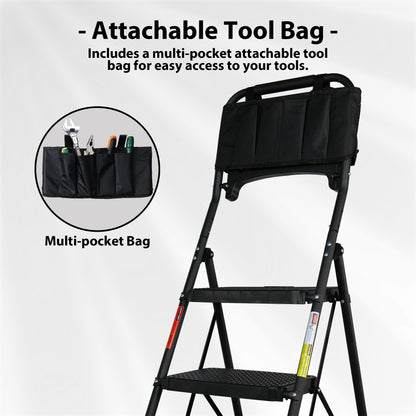 BONTEC 5 Step Ladder with Tool Bag and Tray, Folding Step Ladder with Wide Anti-Slip Pedals, Handrails and Soft Grip, Foldable Metal Step Stool for Kitchen, Pantry, Garage, Up to 150KG, Black