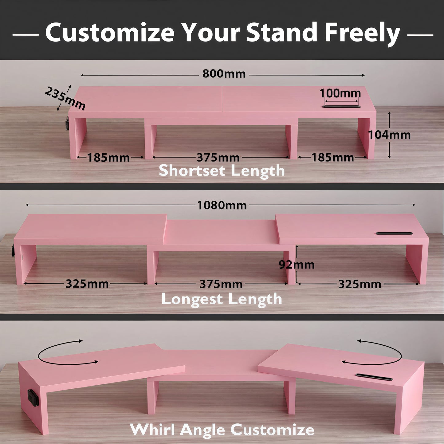 BONTEC Dual Monitor Stand Riser, Adjustable Length & Angle, Ergonomic Desk Organizer with Smartphone Holder, Extra Storage & Cable Management, Wooden Monitor Riser for Laptop, Printer & Monitor