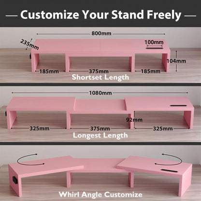 BONTEC Dual Monitor Stand Riser, Adjustable Length & Angle, Ergonomic Desk Organizer with Smartphone Holder, Extra Storage & Cable Management, Wooden Monitor Riser for Laptop, Printer & Monitor