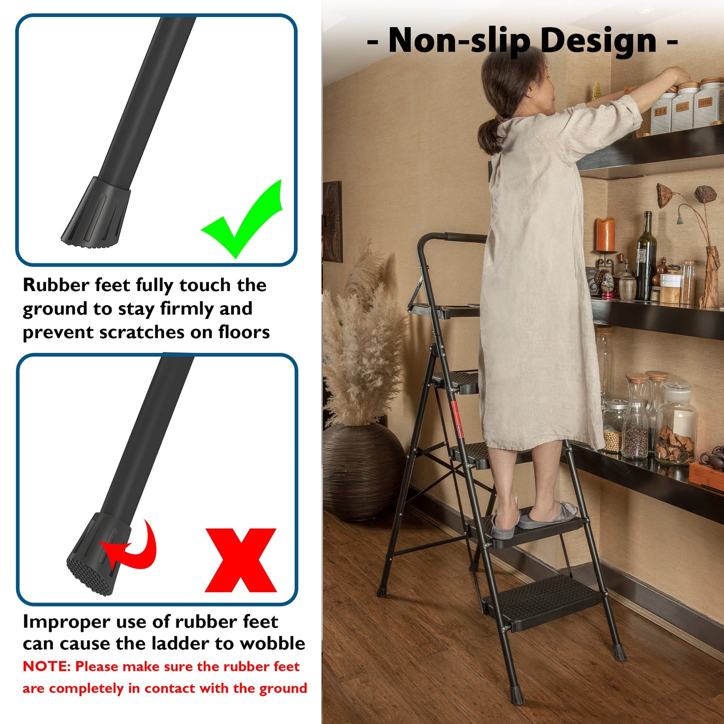 BONTEC 4 Step Ladder with Wide Anti-Slip Pedals, Folding Step Stool Capacity 181KG, Sponge Handrail, Strong and Solid Portable Ladder Suitable for Home, Kitchen, Pantry, Indoor/Outdoor Use, Black