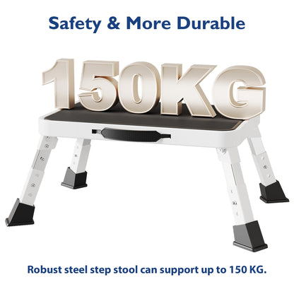 BONTEC Folding Step Stool, Metal Step Ladder up to 150kg, Non-Slip Platform for Adults & Children, Lightweight & Foldable, Portable Step for Kitchen, Bathroom, RV, Camping, Office, Living Room, White