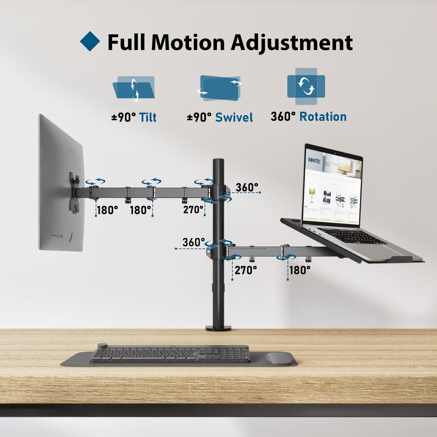 BONTEC Monitor Arm Mount with Laptop Tray for 13 to 27 inch LCD LED Screen & up to 17 inch Notebook,Tilt Rotation Swivel Ergonomic Desk Stand Bracket with Clamp, VESA Dimensions: 75x75-100x100mm