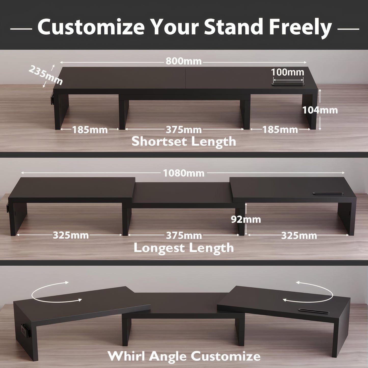 BONTEC Dual Monitor Stand Riser, Adjustable Length & Angle, Ergonomic Desk Organizer with Smartphone Holder, Extra Storage & Cable Management, Wooden Monitor Riser for Laptop, Printer & Monitor