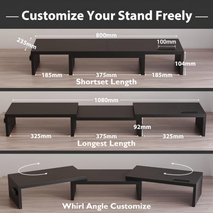 BONTEC Dual Monitor Stand Riser, Adjustable Length & Angle, Ergonomic Desk Organizer with Smartphone Holder, Extra Storage & Cable Management, Wooden Monitor Riser for Laptop, Printer & Monitor