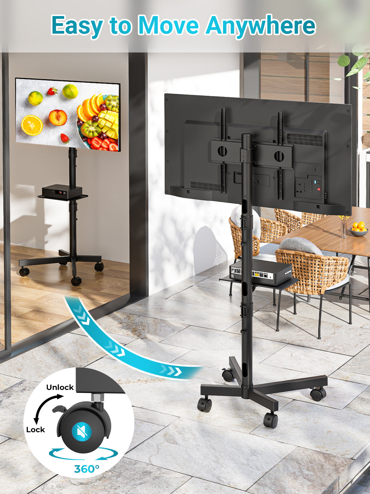 BONTEC Mobile TV Stand on Wheels, Free Standing TV Stand for 23-60 Inch LED LCD Plasma TVs, Rolling Floor TV Cart with Height Adjustable Laptop Shelf, Max VESA 400x400mm, Holds up to 25kg