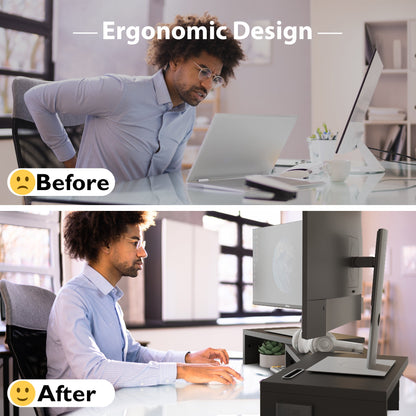 BONTEC Dual Monitor Stand Riser, Adjustable Length & Angle, Ergonomic Desk Organizer with Smartphone Holder, Extra Storage & Cable Management, Wooden Monitor Riser for Laptop, Printer & Monitor