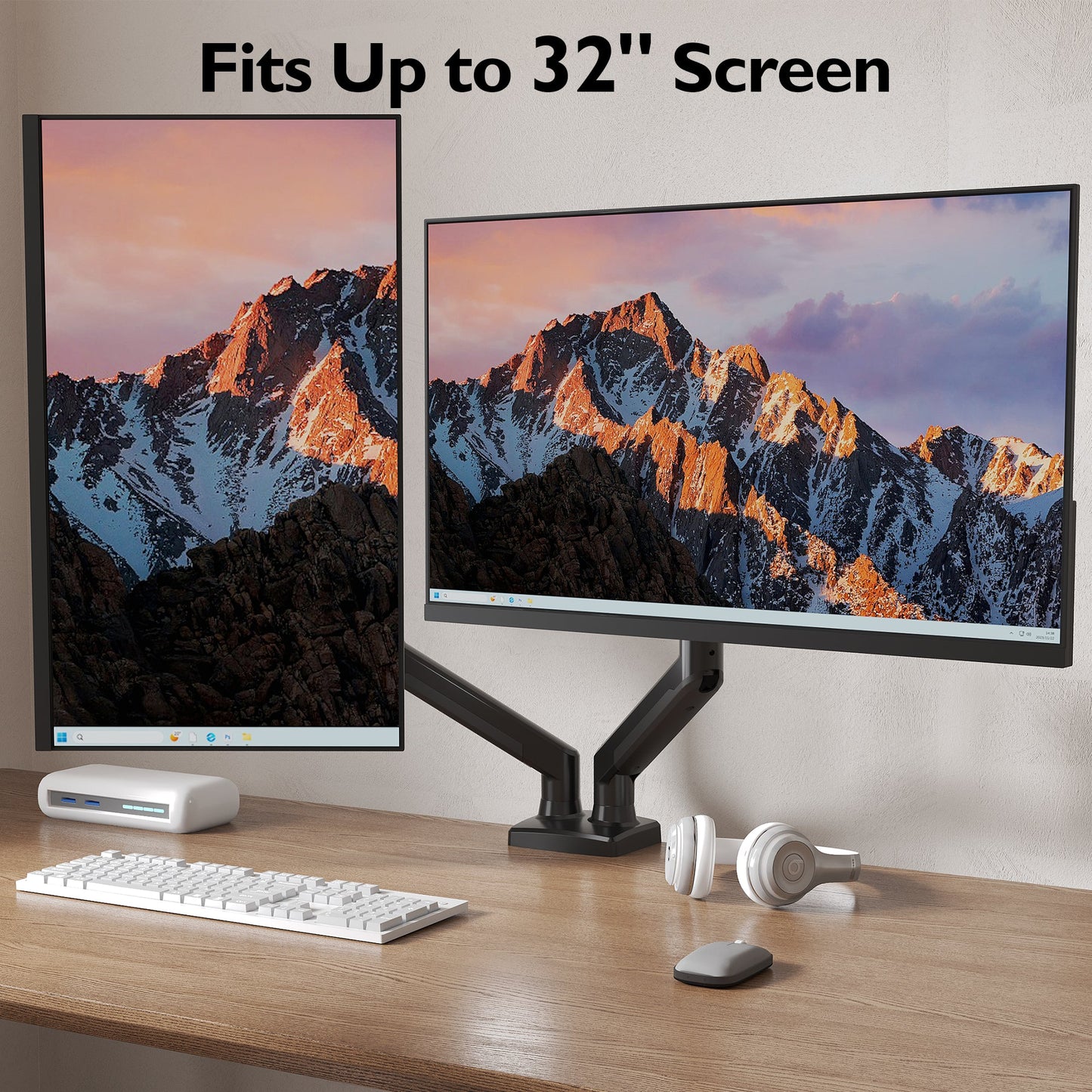 BONTEC Dual Monitor Desk Mount for 32 inch screens, Ergonomic Gas Spring Arm Stand with Cable Management, Tilt, Swivel, Rotation, VESA 75/100 mm