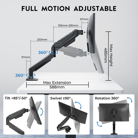 BONTEC Single Monitor Arm Desk Mount for 24-38 Inch Flat or Curved Screens, Gas Spring Adjustable 12kg Heavy Duty Monitor Arm with Tilt Swivel Rotation, VESA 75x75/100x100 mm, Cable Management System