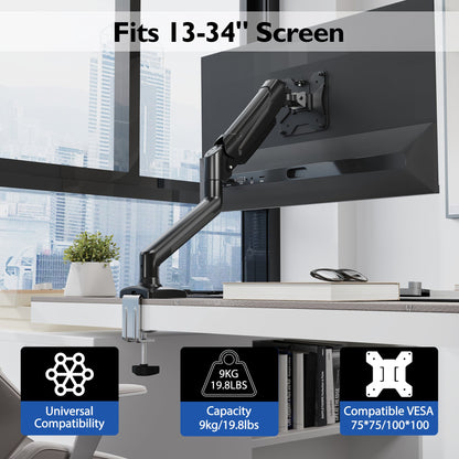 BONTEC Single Arm Monitor Desk Mount for 13-32 inch Screen, Tilt, Swivel, Rotation, Ergonomic Gas Spring Monitor Stand with Cable Management, VESA 75/100mm