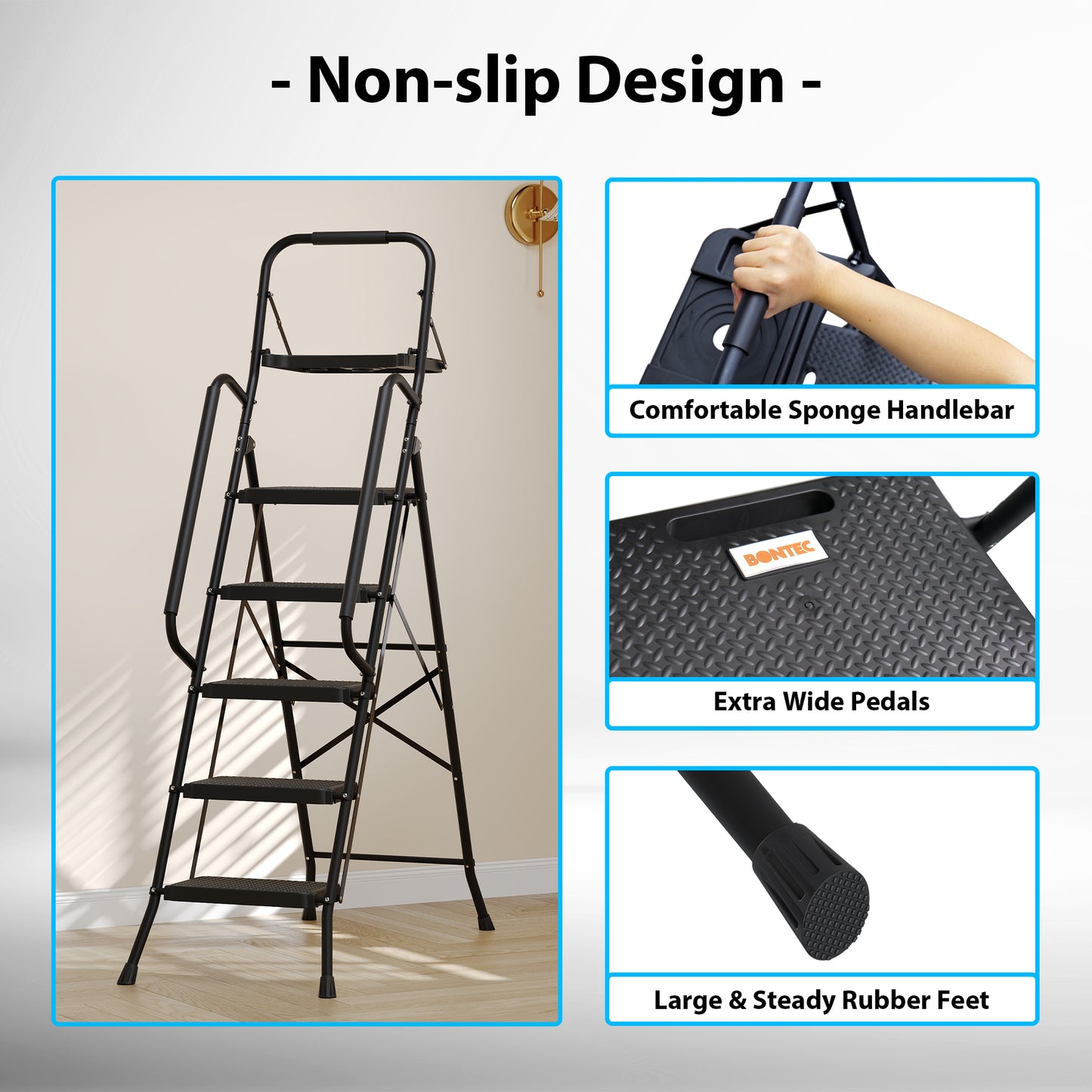 BONTEC 5 Step Ladder with Tool Bag and Tray, Folding Step Ladder with Wide Anti-Slip Pedals, Handrails and Soft Grip, Foldable Metal Step Stool for Kitchen, Pantry, Garage, Up to 150KG, Black