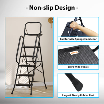 BONTEC 5 Step Ladder with Tool Bag and Tray, Folding Step Ladder with Wide Anti-Slip Pedals, Handrails and Soft Grip, Foldable Metal Step Stool for Kitchen, Pantry, Garage, Up to 150KG, Black