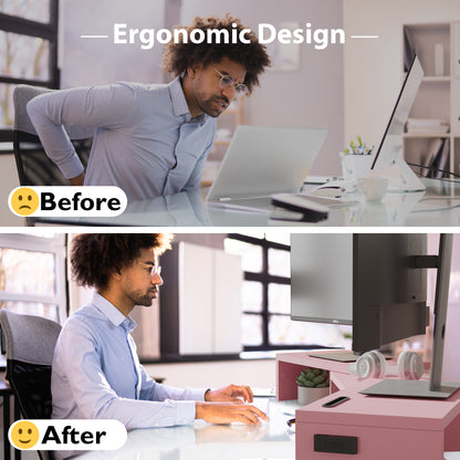 BONTEC Dual Monitor Stand Riser, Adjustable Length & Angle, Ergonomic Desk Organizer with Smartphone Holder, Extra Storage & Cable Management, Wooden Monitor Riser for Laptop, Printer & Monitor