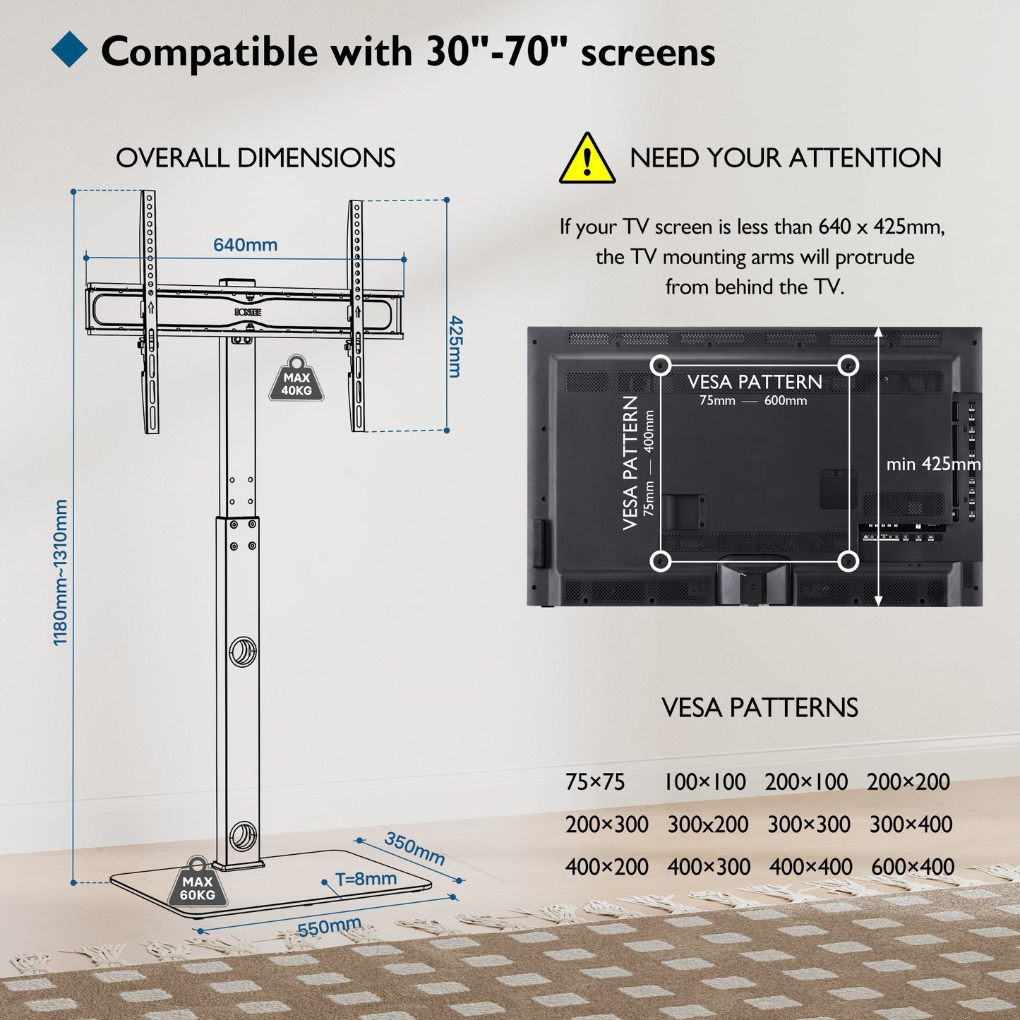 BONTEC TV Floor Stand for 30-70 inch LED LCD OLED Plasma Flat Curved TVs