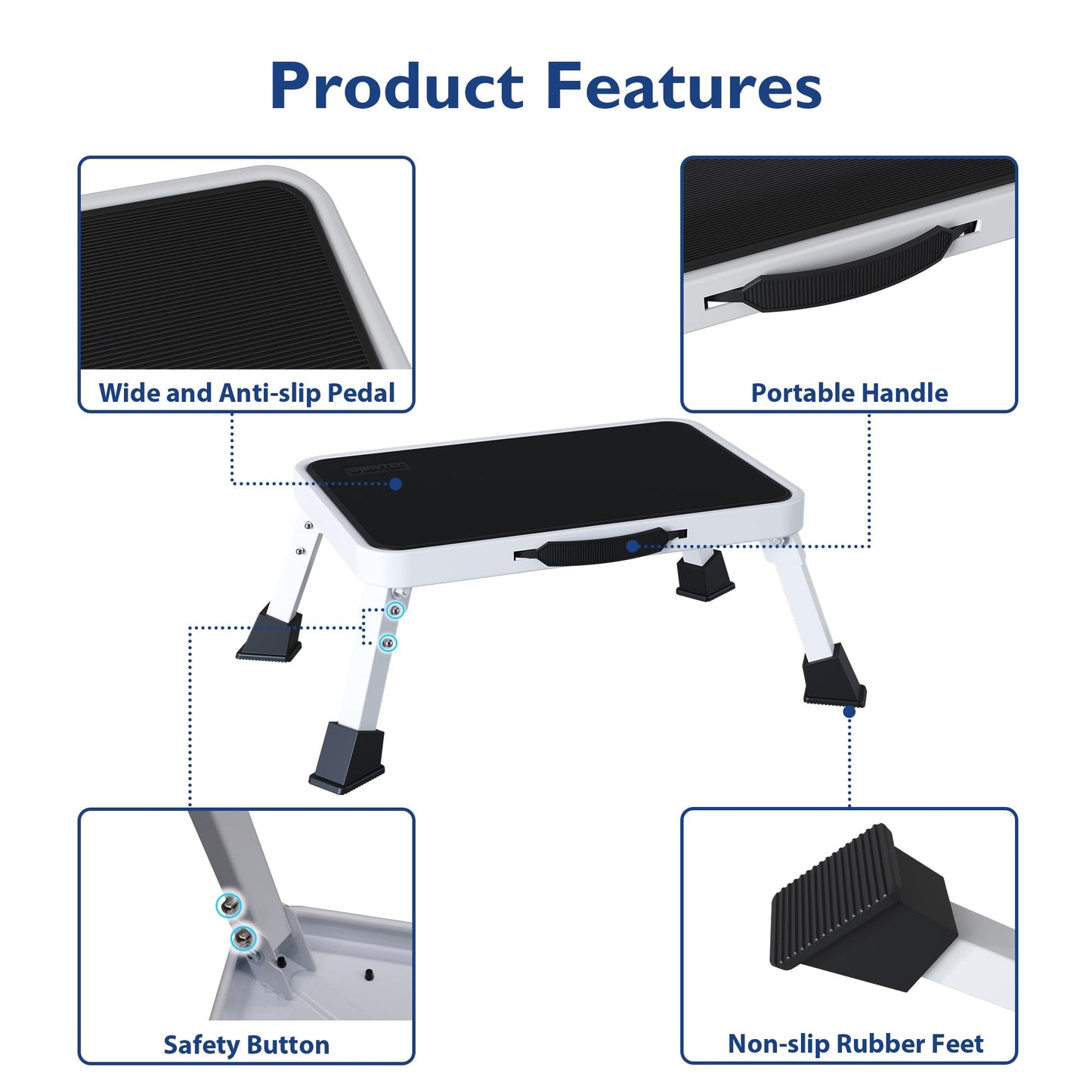 BONTEC Folding Step Stool, Metal Step Ladder up to 150kg, Non-Slip Platform for Adults & Children, Lightweight & Foldable, Portable Step for Kitchen, Bathroom, RV, Camping, Office, Living Room, White