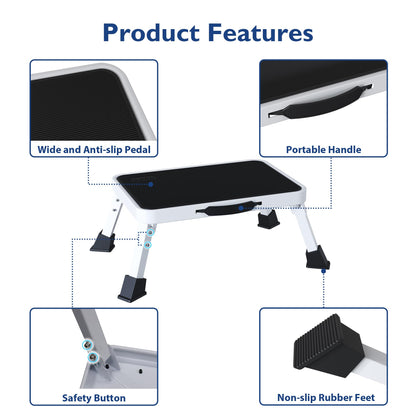 BONTEC Folding Step Stool, Metal Step Ladder up to 150kg, Non-Slip Platform for Adults & Children, Lightweight & Foldable, Portable Step for Kitchen, Bathroom, RV, Camping, Office, Living Room, White