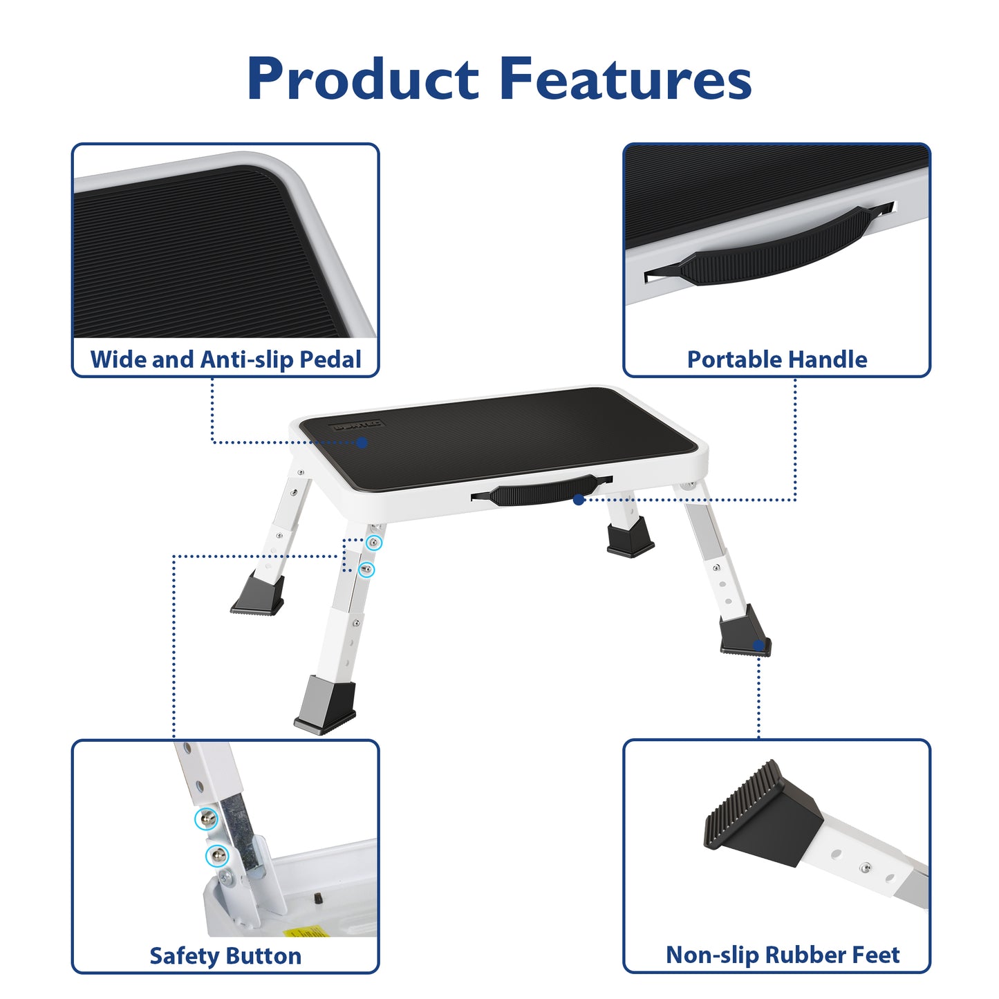 BONTEC Folding Step Stool, Metal Step Ladder up to 150kg, Non-Slip Platform for Adults & Children, Lightweight & Foldable, Portable Step for Kitchen, Bathroom, RV, Camping, Office, Living Room, White
