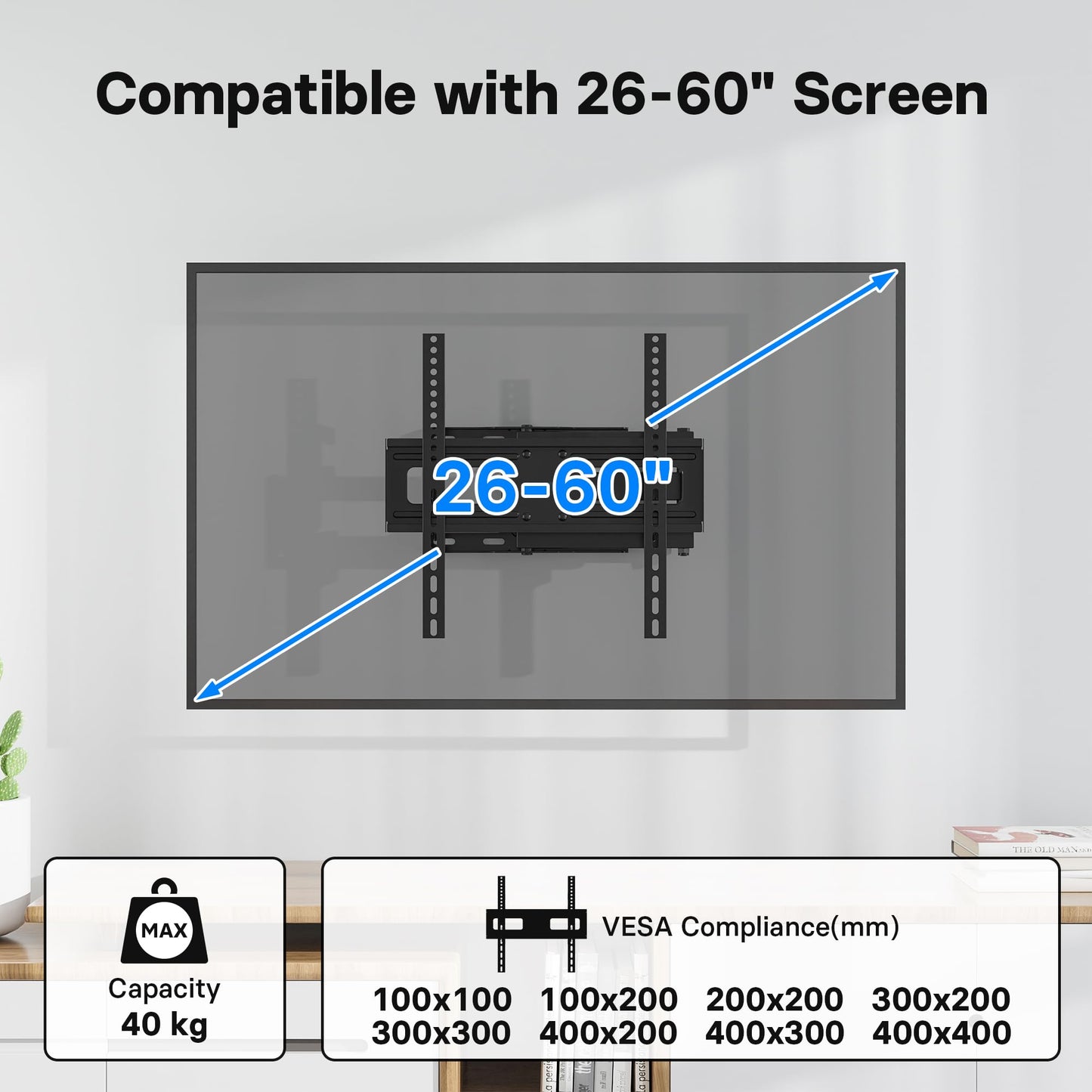 BONTEC TV Wall Bracket for 26-55 Inch, with Swivel, Tilt, and Extension from 80 to 500mm. Full Motion TV Wall Mount Capability of 40KG, Including HDMI Cable and Bubble Level, Max. VESA 400x400