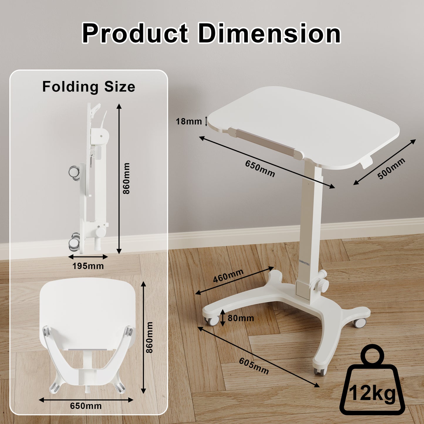 BONTEC Foldable Ergonomic Computer Workstation with Rolling Castors, Height Adjustable Standing Desk, Eco-Friendly Laptop Stand on Wheels, Portable Desk for Home Office, Bedroom, Medical Use, 65x50cm