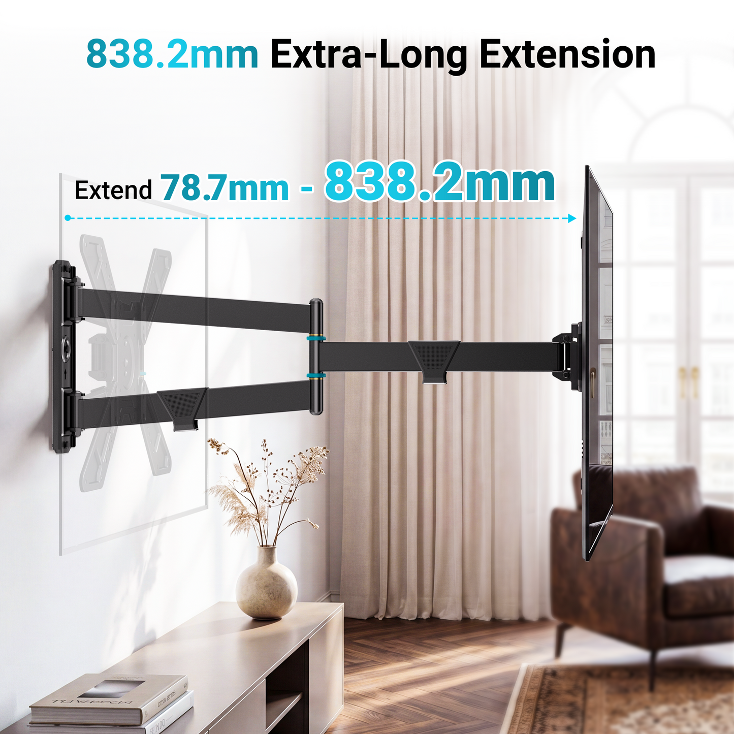 BONTEC Universal Full Motion TV Wall Bracket for 32 to 75 Inch Smart TVs, 838mm Extra Long Arm Corner Mount, Landscape to Portrait Rotation, Swivel and Tilt, 50kg Load Capacity, Max VESA 600x400 mm