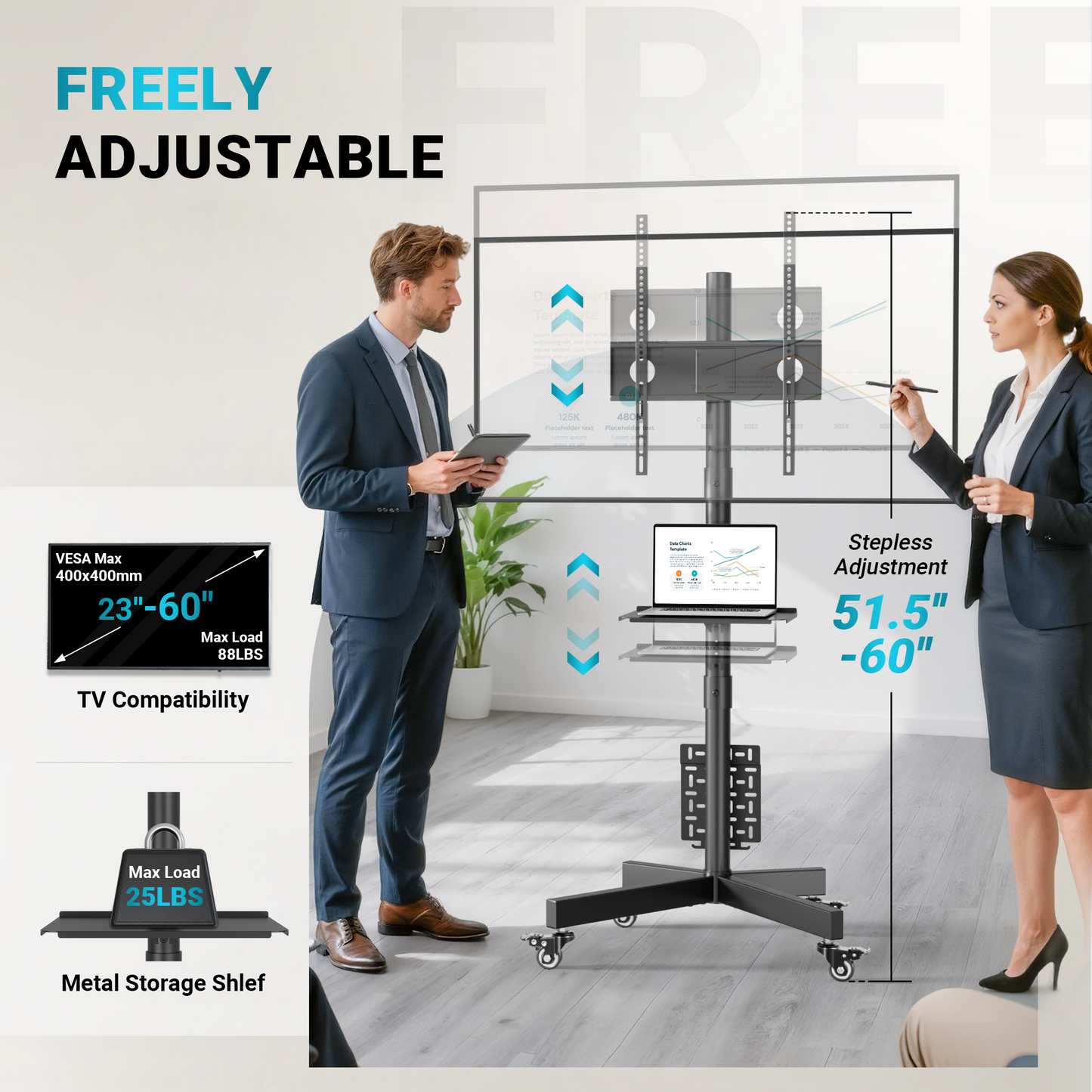 BONTEC Mobile TV Stand with Pegboard Storage for 23–60 Inch TVs, Height Adjustable Mobile TV Cart with Tilt Mount, Holds 40kg, Max VESA 400x400mm, Lockable Metal Wheels, Metal Shelf & Cable Management