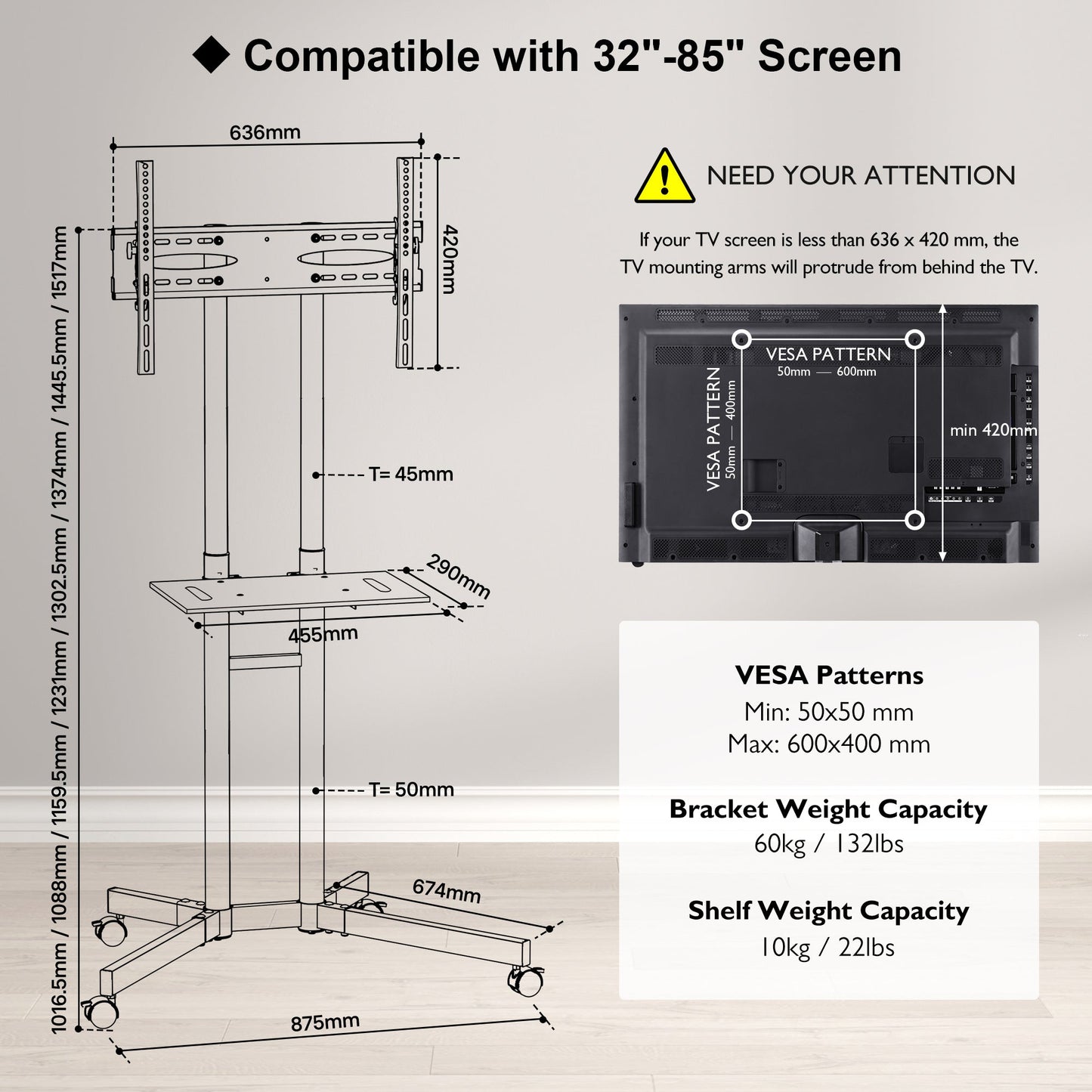 BONTEC Mobile TV Stand on Wheels for 32-85 inch LCD LED OLED Flat Curved TVs