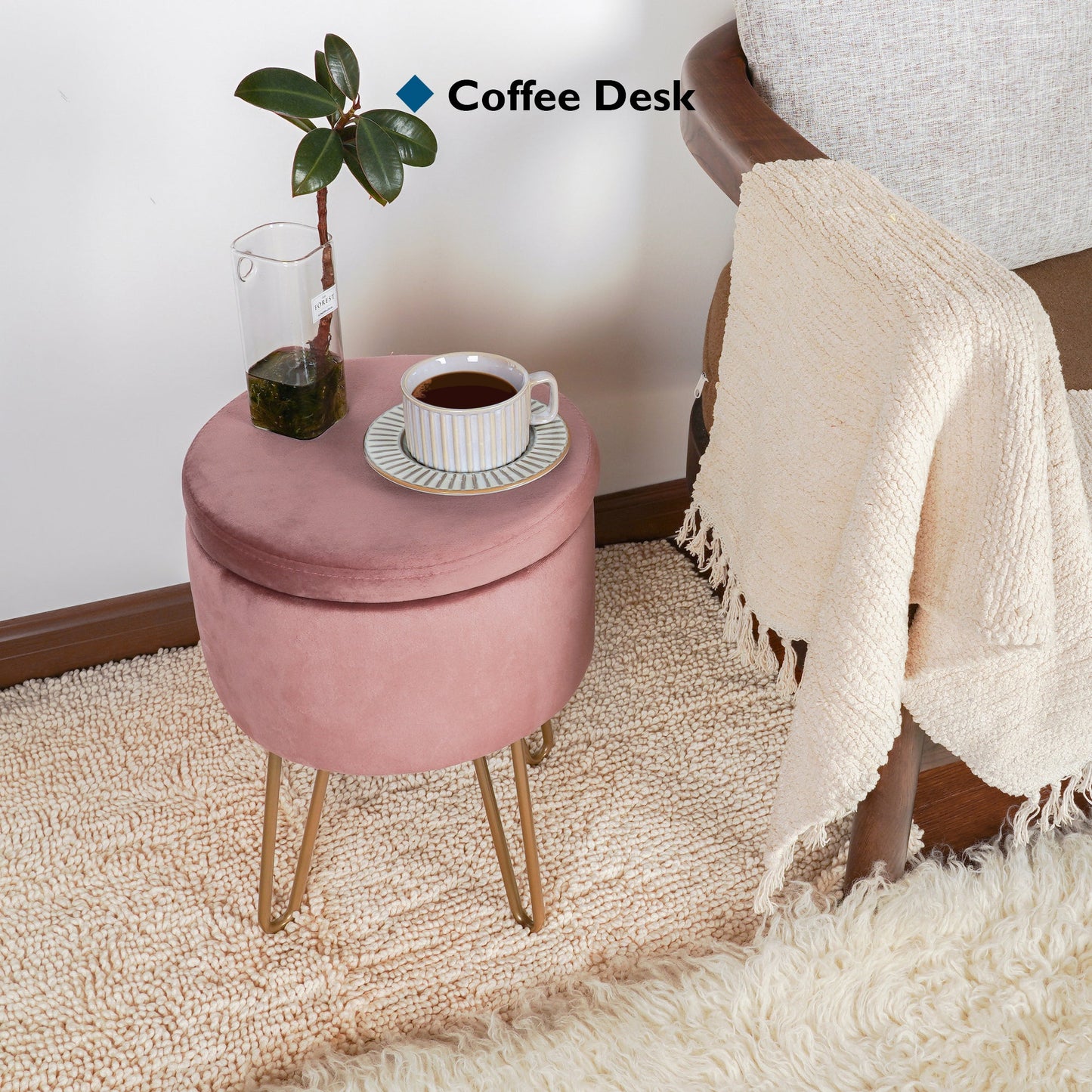 BONTEC Velvet Dressing Table Stool, Round Vanity Stool with Storange, Bedroom Ottoman Stool with Metal Legs for Home Living Room Fitting Room Bedroom