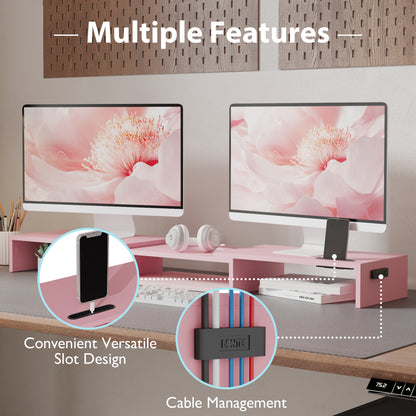 BONTEC Dual Monitor Stand Riser, Adjustable Length & Angle, Ergonomic Desk Organizer with Smartphone Holder, Extra Storage & Cable Management, Wooden Monitor Riser for Laptop, Printer & Monitor