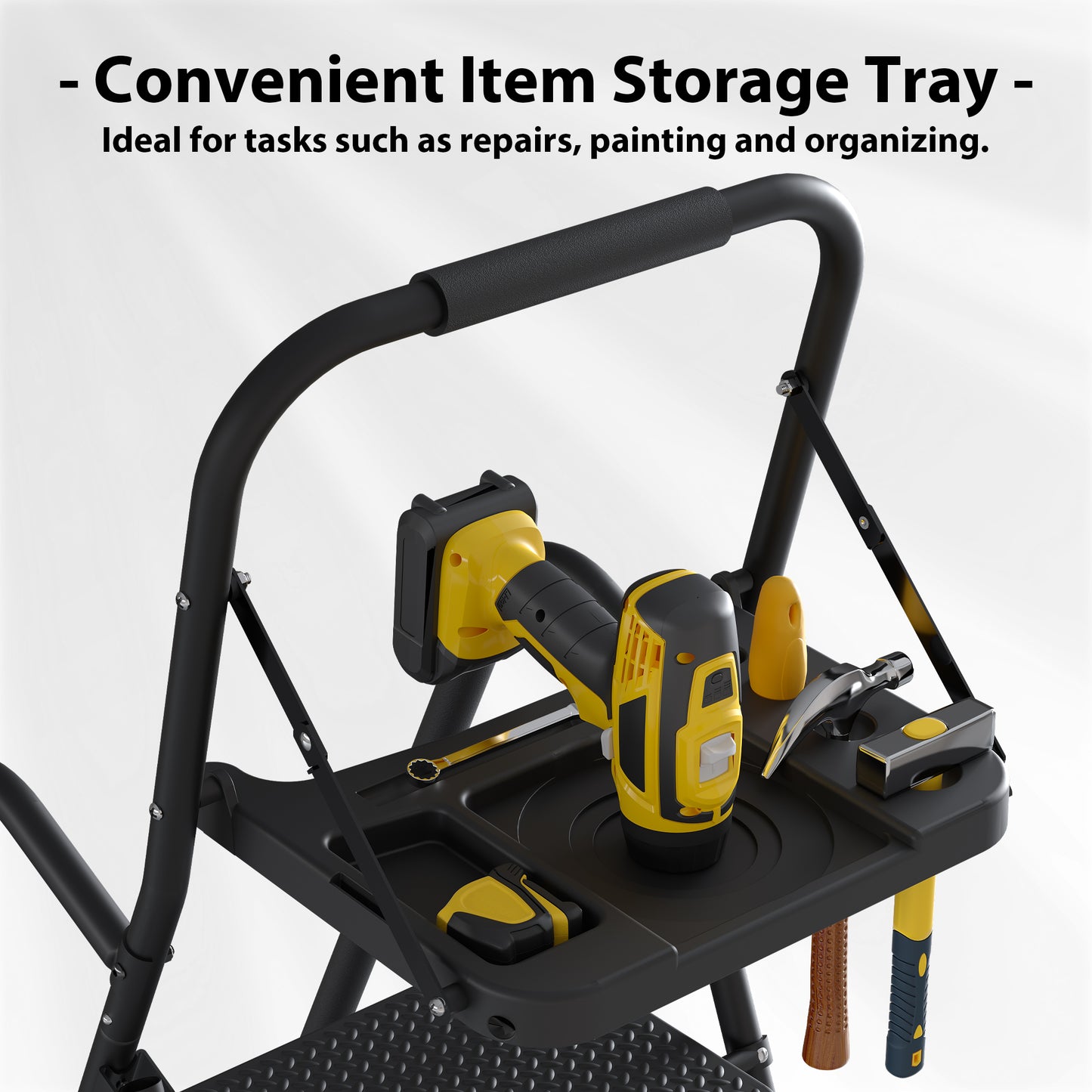 BONTEC 5 Step Ladder with Tool Bag and Tray, Folding Step Ladder with Wide Anti-Slip Pedals, Handrails and Soft Grip, Foldable Metal Step Stool for Kitchen, Pantry, Garage, Up to 150KG, Black