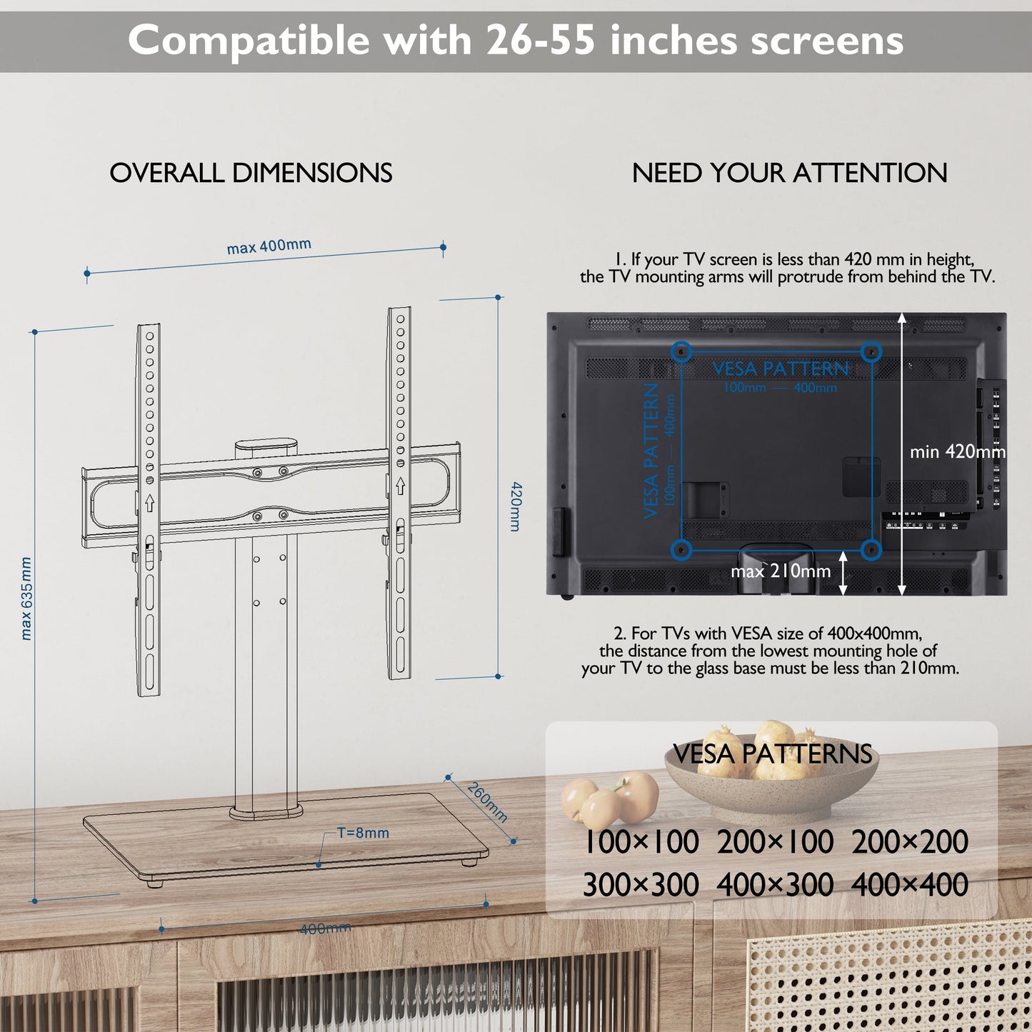 BONTEC Universal Table Top Pedestal TV Stand with Bracket for 26”-55” LCD/LED/Plasma TVs