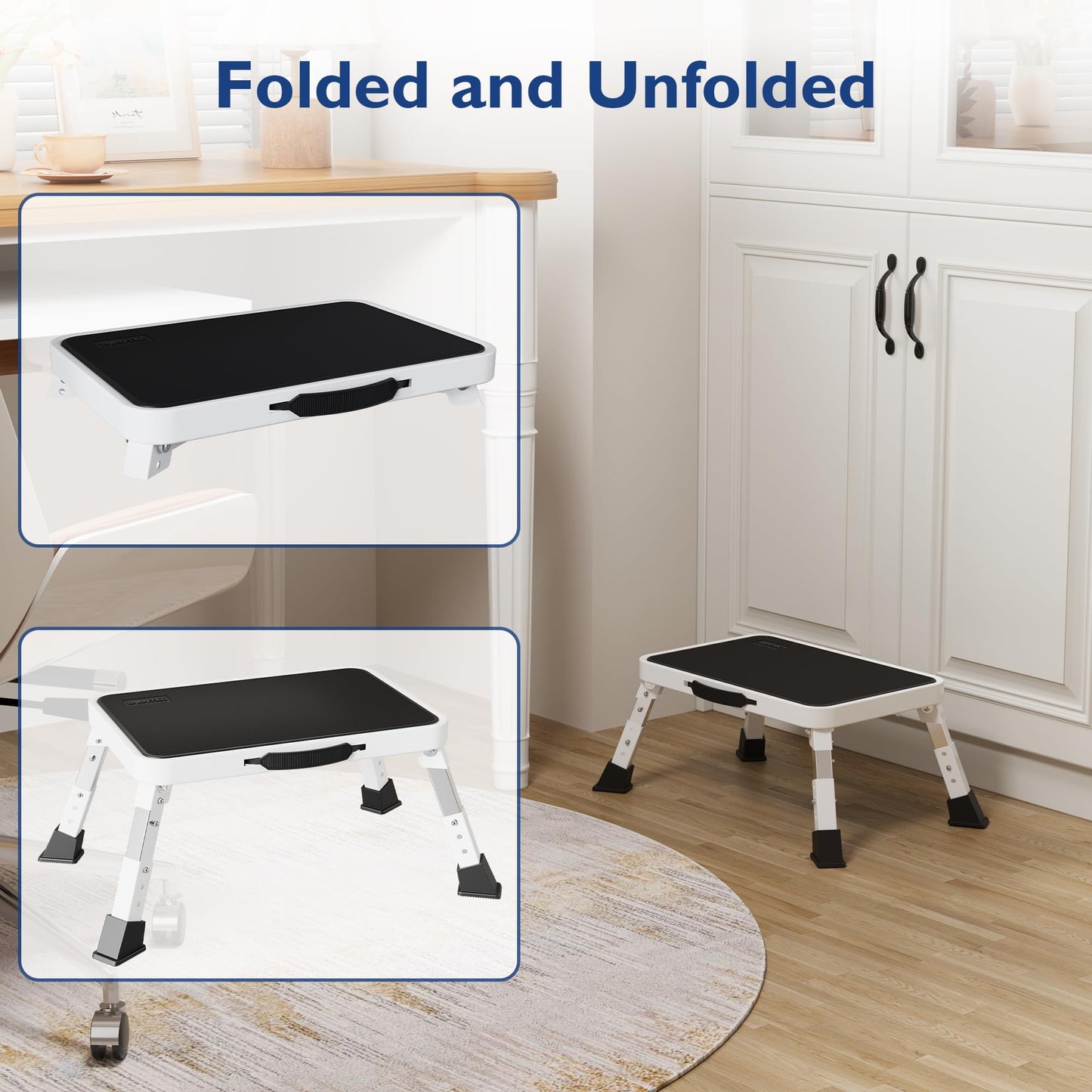 BONTEC Folding Step Stool, Metal Step Ladder up to 150kg, Non-Slip Platform for Adults & Children, Lightweight & Foldable, Portable Step for Kitchen, Bathroom, RV, Camping, Office, Living Room, White