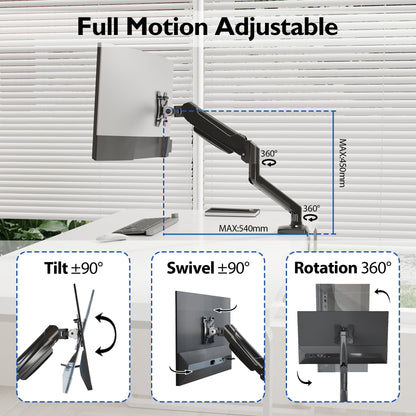BONTEC Single Arm Monitor Desk Mount for 13-32 inch Screen, Tilt, Swivel, Rotation, Ergonomic Gas Spring Monitor Stand with Cable Management, VESA 75/100mm