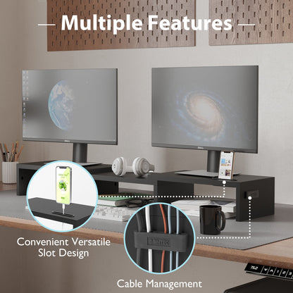 BONTEC Dual Monitor Stand Riser, Adjustable Length & Angle, Ergonomic Desk Organizer with Smartphone Holder, Extra Storage & Cable Management, Wooden Monitor Riser for Laptop, Printer & Monitor