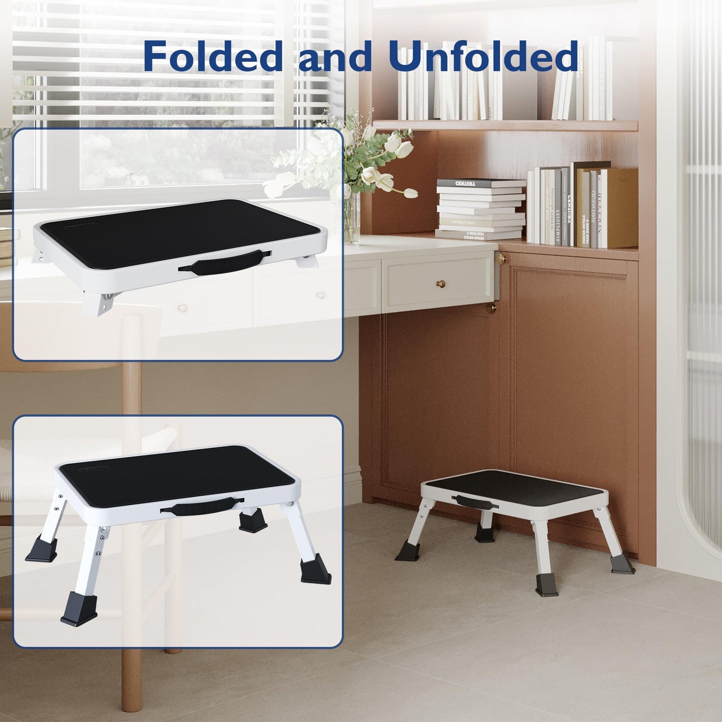 BONTEC Folding Step Stool, Metal Step Ladder up to 150kg, Non-Slip Platform for Adults & Children, Lightweight & Foldable, Portable Step for Kitchen, Bathroom, RV, Camping, Office, Living Room, White