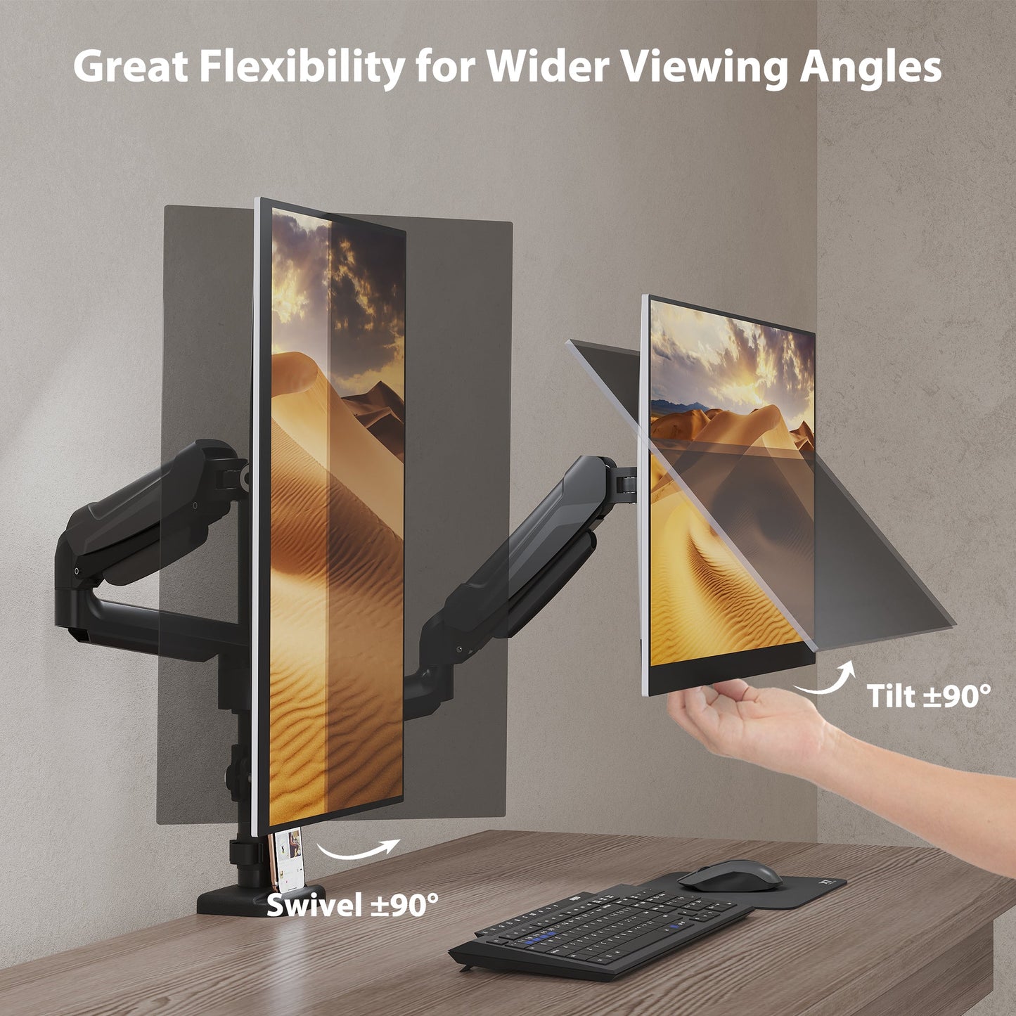BONTEC Dual Monitor Desk Mount for 32-inch screens, Ergonomic Gas Spring Arm Stand with Cable Management, Tilt, Swivel, Rotation, VESA 75/100 mm