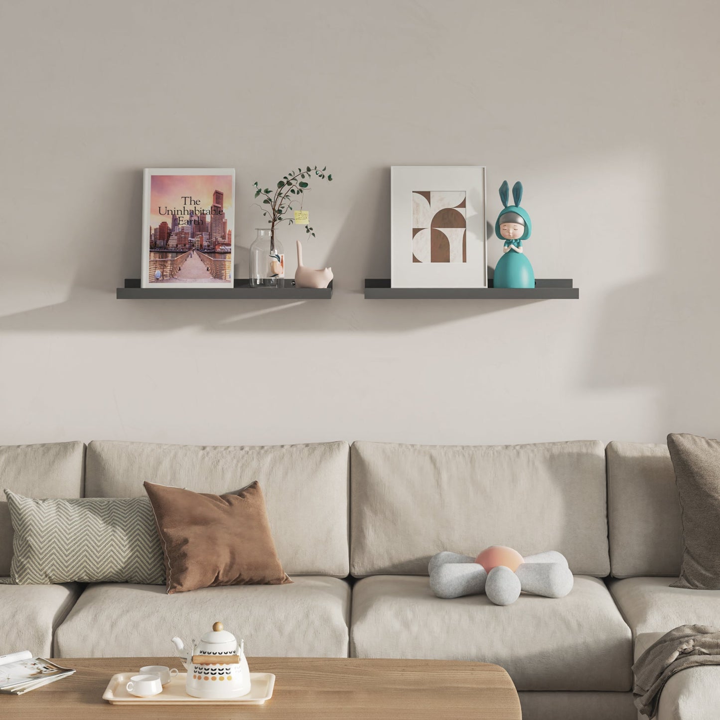 BONTEC Floating Shelves Set of 2, Wood Shelves with Lip, 40cm Wall Mounted Bathroom Shelves for Bathroom, Bedroom, Living Room and Kitchen Wall Organizer up to 10kg