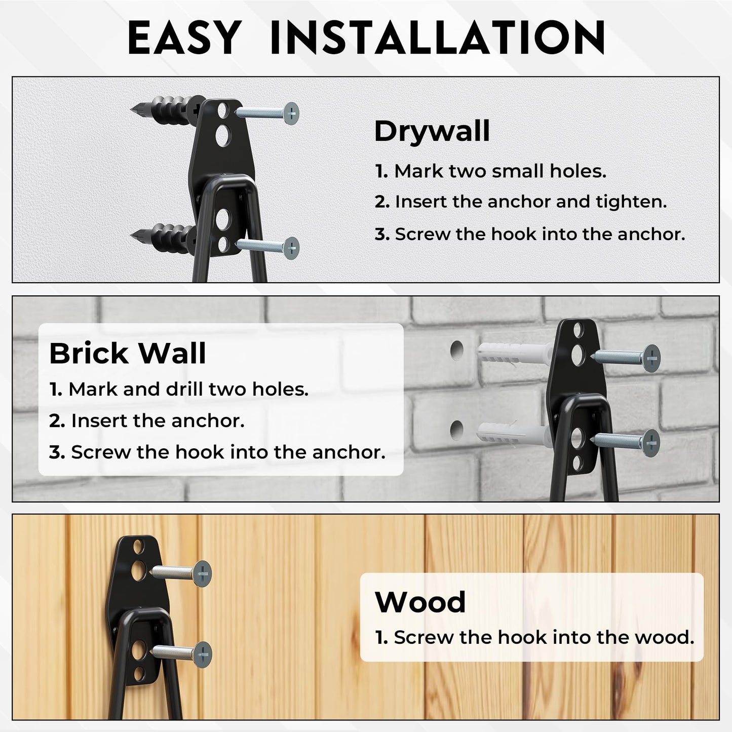 BONTEC Heavy Duty Black Garage Storage Hook, Steel Wall Mount with Anti-Slip Coating, Holds 211kg Brick 502kg Drywall, U J S Designs for Tool Storage, Bike Hook, Ladder Mount, Easy Install
