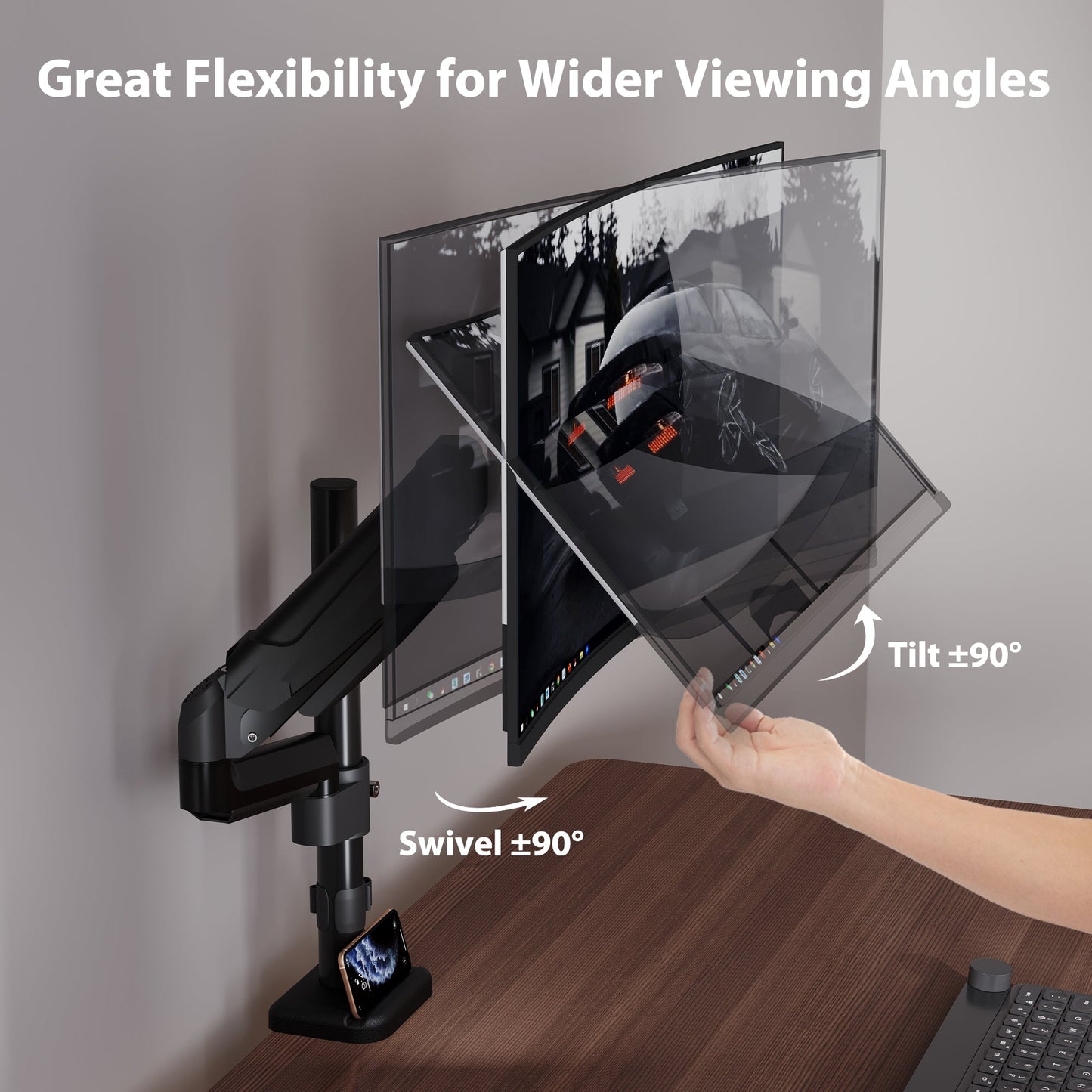 BONTEC Adjustable Single Monitor mount for 13 to 34 screens, Ergonomic Gas Spring Arm Stand with pole, weight capacity 9 kg, VESA 75/100 mm
