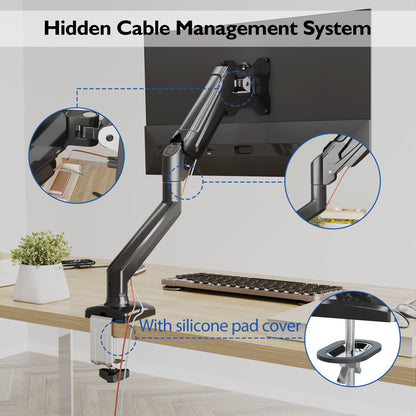 BONTEC Single Arm Monitor Desk Mount for 13-32 inch Screen, Tilt, Swivel, Rotation, Ergonomic Gas Spring Monitor Stand with Cable Management, VESA 75/100mm