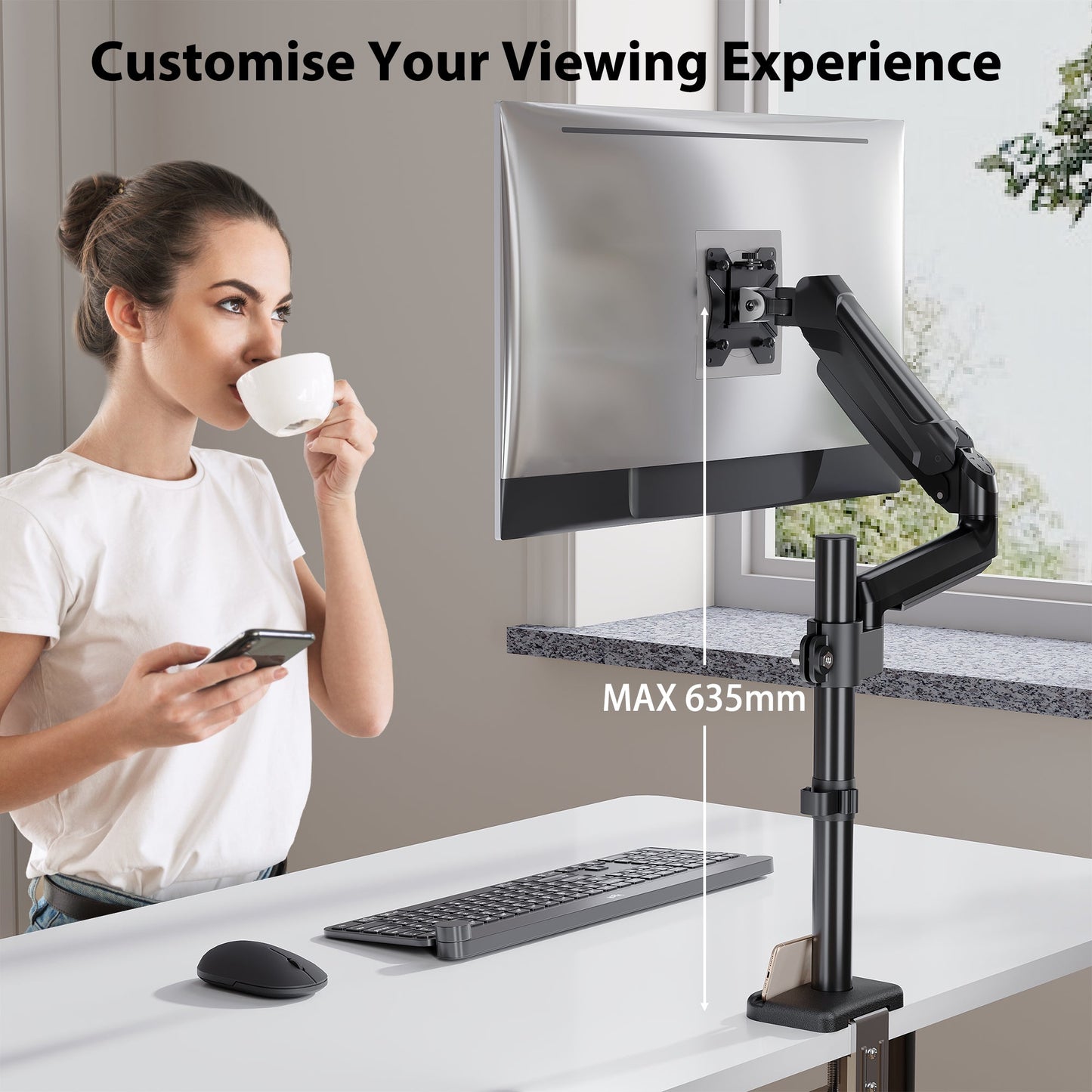 BONTEC Adjustable Single Monitor mount for 13 to 34 screens, Ergonomic Gas Spring Arm Stand with pole, weight capacity 9 kg, VESA 75/100 mm