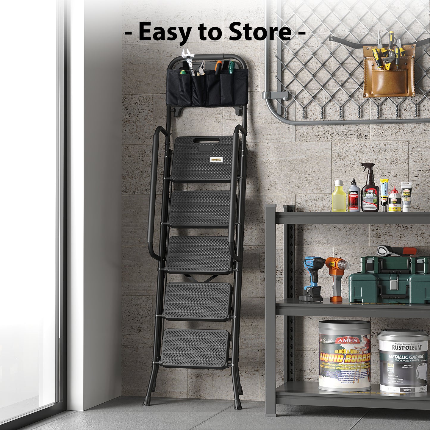 BONTEC 5 Step Ladder with Tool Bag and Tray, Folding Step Ladder with Wide Anti-Slip Pedals, Handrails and Soft Grip, Foldable Metal Step Stool for Kitchen, Pantry, Garage, Up to 150KG, Black
