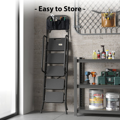 BONTEC 5 Step Ladder with Tool Bag and Tray, Folding Step Ladder with Wide Anti-Slip Pedals, Handrails and Soft Grip, Foldable Metal Step Stool for Kitchen, Pantry, Garage, Up to 150KG, Black