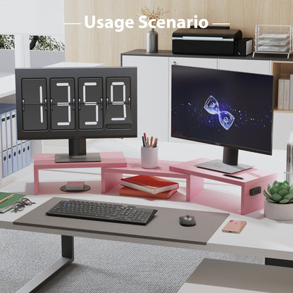 BONTEC Dual Monitor Stand Riser, Adjustable Length & Angle, Ergonomic Desk Organizer with Smartphone Holder, Extra Storage & Cable Management, Wooden Monitor Riser for Laptop, Printer & Monitor
