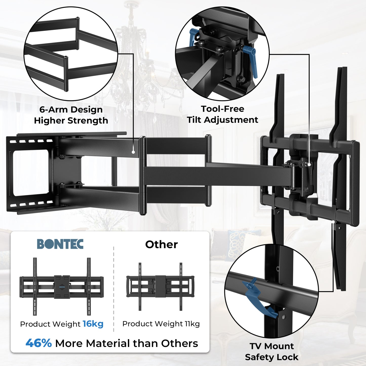 BONTEC TV Wall Bracket for 60-110 Inch TVs, Holds Up to 125kg, Heavy Duty Steel Wall Mount, Extends Up to 1016mm, Max VESA 800x600mm, Swivel and Tilt Wall Bracket with Dual Arms, Full Motion Design