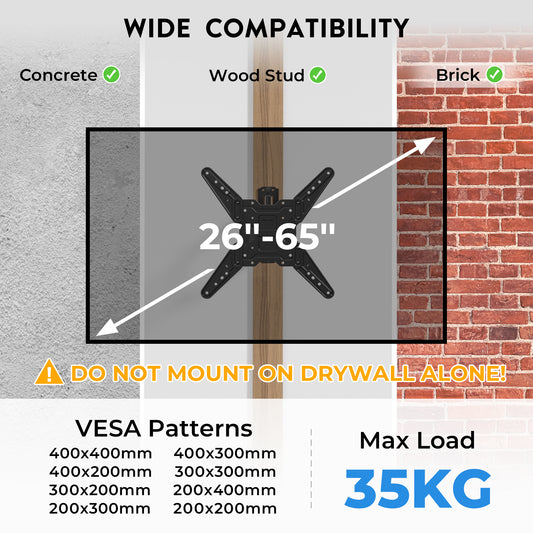 BONTEC TV Wall Bracket for 26-65 Inch LED LCD OLED Flat Curved, Full Motion Tilt and Swivel TV Wall Mount with 950mm Extension, Universal VESA 400x400mm, Corner TV Bracket 35kg for Living Room Bedroom