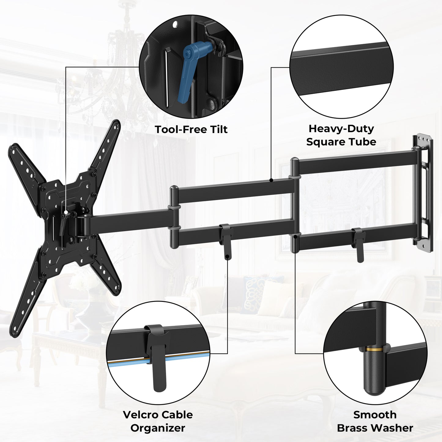 BONTEC TV Wall Bracket for 26-65 Inch LED LCD OLED Flat Curved, Full Motion Tilt and Swivel TV Wall Mount with 950mm Extension, Universal VESA 400x400mm, Corner TV Bracket 35kg for Living Room Bedroom